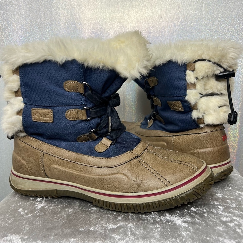Pajar ice pick winter boots blue cream tan brown black furry fuzzy fur faux.